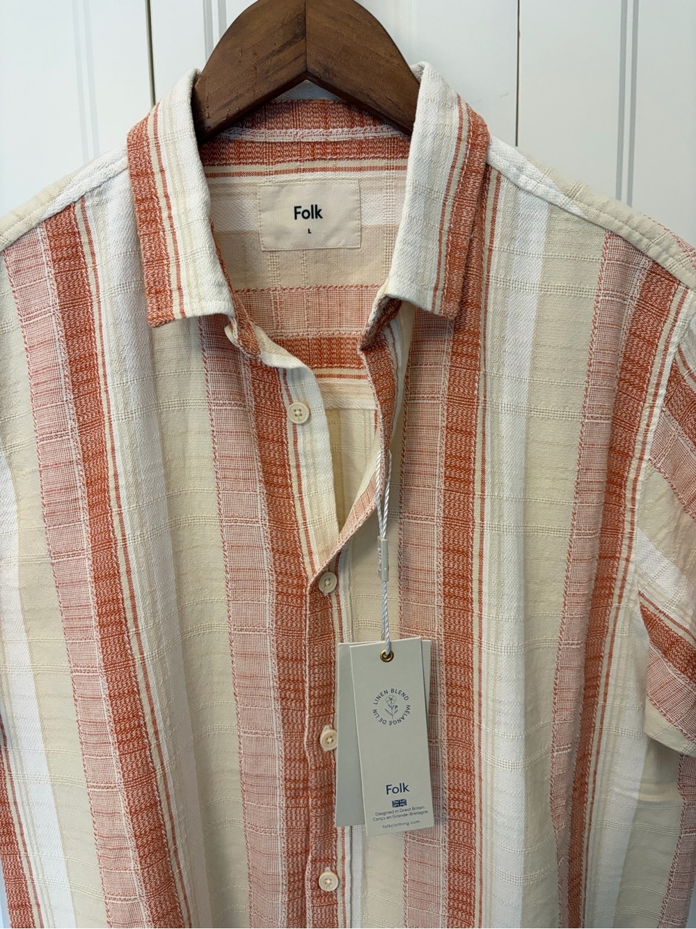 Folk Men's Striped Short-Sleeve Button-Up in Rust and Cream